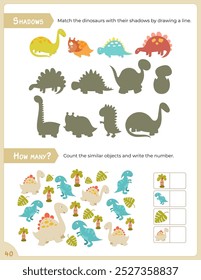 Dinosaurs Activity Pages for Kids. Printable Activity Sheet with dino Mini Games – How many, Find the correct shadow. Page for dinosaur Activity Book. Vector illustration.