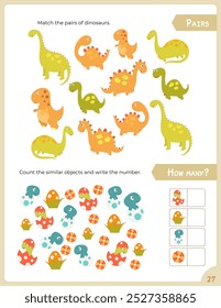 Páginas de actividad de dinosaurios para niños. Hoja de actividad imprimible con mini Juegos dino – Cuántos, encontrar los pares. Página para dinosaurio Libro de Actividad. Ilustración vectorial.