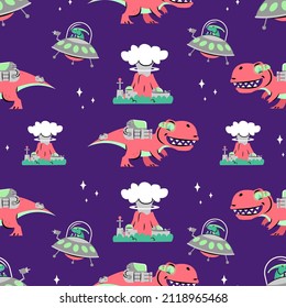 DINOSAURS WITH ADVANCED WEAPON CARTOON SEAMLESS PATTERN. PREMIUM VECTOR.