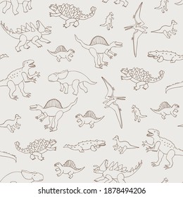 Dinosaurs adventure line vector seamless hand drawn pattern