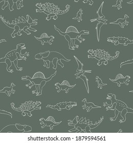 Dinosaurs adventure line vector seamless hand drawn pattern