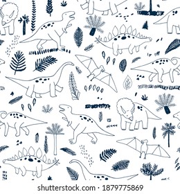 Dinosaurs adventure with palms and tropical leaves vector seamless hand drawn pattern