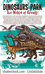 Pancarta de los dinosaurios con boceto de dino. Tyrannosaurus rex, velociraptor y pterodáctilo, estegosaurio y cortithosauro animal jurásico prehistórico para el diseño del volante del museo de paleontología