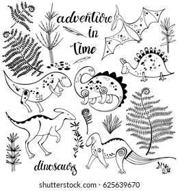 Dinosaurs and ancient plants, isolated elements for design on a white background. Vector set, hand drawn illustration.