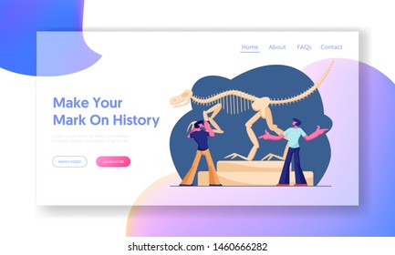 Dinosaurs Archaeological Exhibition. Website Landing Page, Couple of Men Visiting Paleontology Museum, Tyrannosaur Rex Bones Skeleton in Exhibit Web Page. Cartoon Flat Vector Illustration, Banner