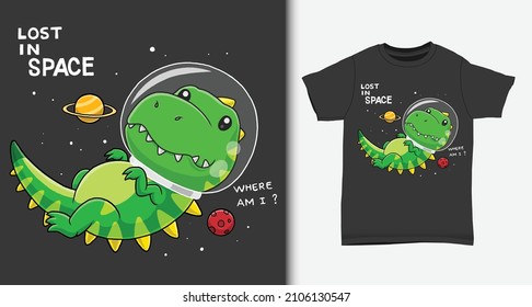 Caricatura de los dinosaurios astronautas. con diseño de camiseta.