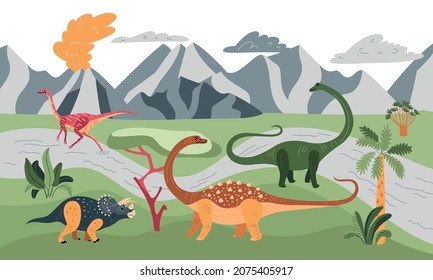 Dinosaurs background composition with outdoor scenery of meadow with mountains tropical plants and ancient beast animals vector illustration