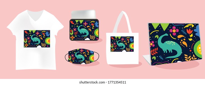 Dinosaurs background with Mockup templates vector illustration. tote bag, pouch, t-shirt, mask, skin laptop