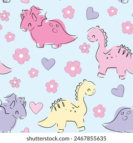 Сute Dinosaurs background seamless pattern hand drawn summer print for kids fabric Vector Illustration