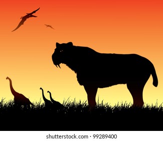 Dinosaurs background with smilodon cat - vector illustration