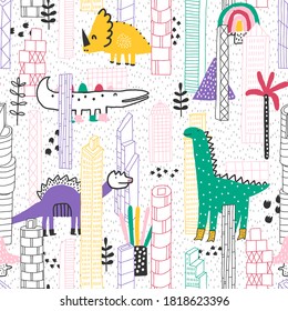 Dinosaurs in the big city. Cute seamless pattern. Creative vector background for fabric, textile, nursery wallpaper. Hand drawn city.