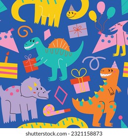 Dinosaurs birthday party. Hand drawn seamless pattern with tyrannosaurus and reptiles. Colored ornament of birthday cake, gifts, hats icons, vector illustrations of smiling raptors at party