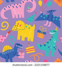 Dinosaurs birthday party for wrapping paper. Hand drawn seamless pattern with icons of cakes and gifts, doodle colored ornament with smiling tyrannosaurus, vector illustrations of joyful reptiles