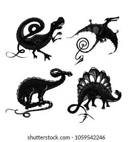 Dinosaurs black silhouette isolated on white. Tyrannosaurus, pterodactyl, stegosaurus and apatosaurus. Tattoo style.