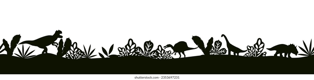 Dinosaurs black silhouettes landscape. Dinosaur background