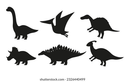 Dinosaurs black silhouettes set. Collection of stegosaurus, brontosaurus, triceratops, diplodocus, spinosaurus isolated on white background. svg