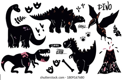 Dinosaurs black silhouettes set with lettering pterodactyl plesiosaur spinosaurus tyrannosaurus triceratops on white background isolated vector illustration.