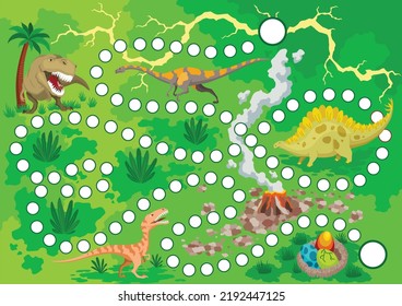 Dinosaurs boardgame for children in cartoon style. Landscape with dot path image. Adventure map of dino park. Board maze. Educational prehistoric boardgame