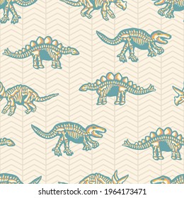 Dinosaurs Bones on Herring Bones Background Vector Seamless Pattern