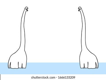 Dinosaurs brachiosaurus and diplodocus isolated on white background. Coloring book for adult, kids. Summer tropical sunrise or sunset. Graphic outline vector illustration.Anti stress coloring page.