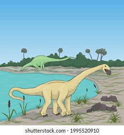 Dinosaurs by the pond eat stones. Dinosaurs in the forest. Vector graphics