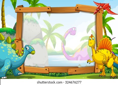 Dinosaurs by the wooden frame illustration