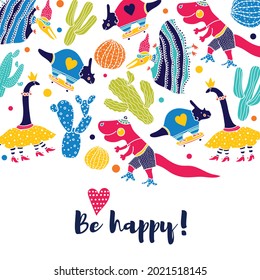 Dinosaurs and cacti . Children's card.