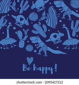 Dinosaurs and cacti . Children's card.