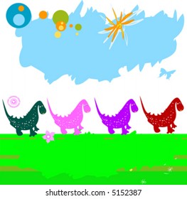 dinosaurs caravan; chain of dinosaurs in a field