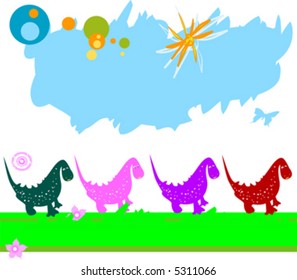 dinosaurs caravan; chain of dinosaurs in a field