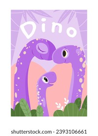 Dinosaurs card concept. Violet postcard with dino. Prehistoric BC animals. Fantasy and imagination. Graphic element for website. Cartoon flat vector illustration isolated on white background