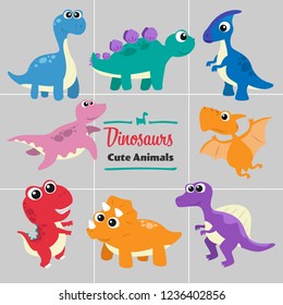 Dinosaurs Cartoon Animals Cute Style Collection Set, Vector Illustration.