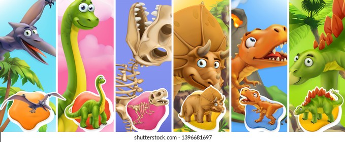 Dinosaurs Cartoon Character. Brachiosaurus, Pterodactyl, Tyrannosaurus Rex, Dinosaur Skeleton, Triceratops, Stegosaurus. Funny Animals 3d Vector Icon Set