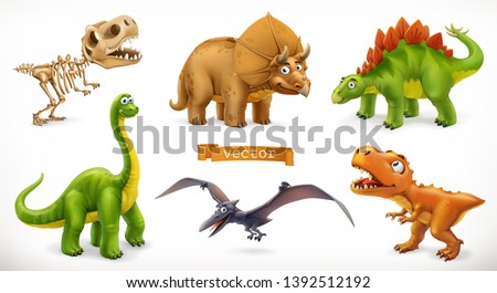 Dinosaurs cartoon character. Brachiosaurus, pterodactyl, tyrannosaurus rex, dinosaur skeleton, triceratops, stegosaurus. Funny animal 3d vector icon set