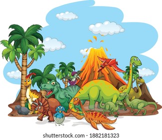 Dinosaurs cartoon character in nature scene illustration