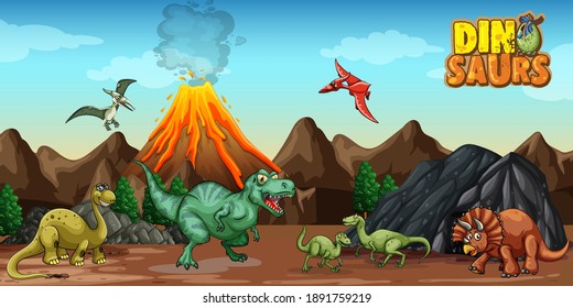 Dinosaurs cartoon character in nature scene illustration