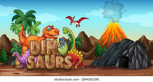 Dinosaurs cartoon character in nature scene illustration