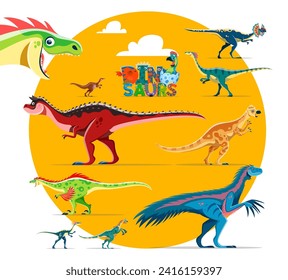 Personajes de dibujos animados de dinosaurios. Dilofosaurio, Gallimimus, Carnotaurus y Pachycephalosaurus, Therizinosaurus y Oviraptor, dinosaurios Compsognathus, reptiles extintos o vectores de lagartos personajes alegres