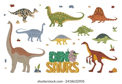 Dinosaurios, personajes de dibujos animados y reptiles Jurásicos para la colección vectorial de dino park. Especies divertidas de dino o dinosaurio para niños en la educación prehistórica, reptiles extintos en el mundo y lagartos monstruosos