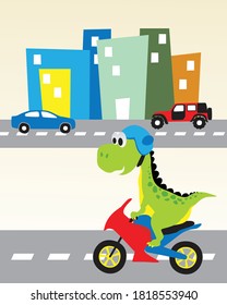 Dinosaurs cartoon characters riding transport, vector illustration. Dino town with childish animals street traffic, dinosaur driving bicycle. Cute dino sports t-shirt for kids Vector illustration.