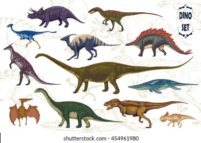 Dinosaurs cartoon collection, colorful set of fantasy cute monsters, animals and prehistoric character: Diplodocus, Tyrannosaurus Rex, Pterodactylus... Hand drawn vector illustration.