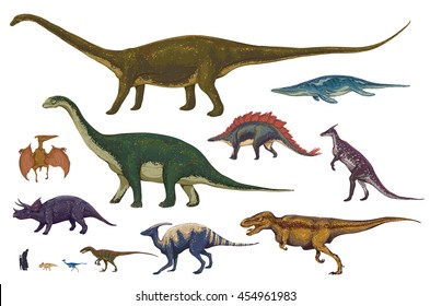 Dinosaurs cartoon collection, colorful set of fantasy cute monsters, animals and prehistoric character: Diplodocus, Tyrannosaurus Rex, Pterodactylus... Hand drawn vector illustration.