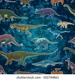 Dinosaurs cartoon collection,colorful set of fantasy cute monsters,animals and prehistoric character:Diplodocus, Tyrannosaurus Rex, Pterodactylus... in seamless pattern.Hand drawn vector illustration.