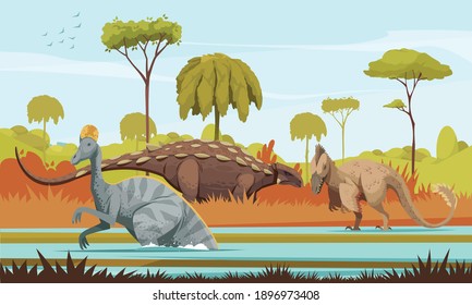 Dinosaurs cartoon colored background with carnivores utahraptor and herbivorous corythosaurus characters vector illustration