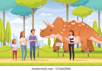 Dinosaurs cartoon composition with human characters of guide and family members in wildlife reservoir with dinosaur vector illustration