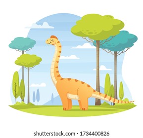 Dinosaurs cartoon composition with outdoor landscape clear sky and happy dinosaur character walking in the wild vector illustration