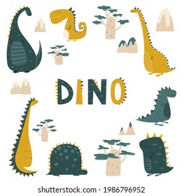 Dinosaurs in cartoon flat style for kids print. Dino set. Vector stock illustration