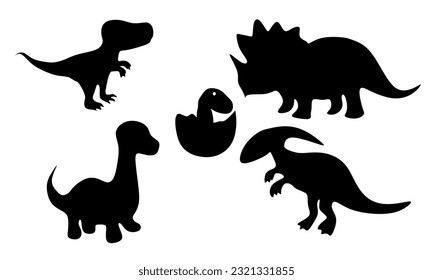 Dinosaurs cartoon illustration, dinosaur silhouette, dino vector, dino shadow, triceratops, stegosaurus, brontosaurus, t rex, parasaurolophus. and hatched dinosaur egg.