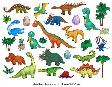 Dinosaurs cartoon set with cute dino animals, babies in eggs and palm trees. Funny triceratops, stegosaurus, brontosaurus, t-rex and tyrannosaurus, pterodactyl, ankylosaurus and brachiosaurus