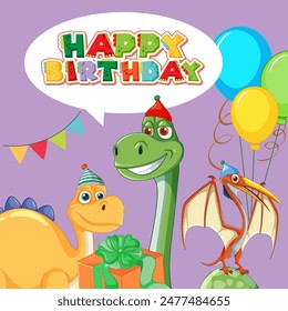 Dinosaurs celebrating a birthday with balloons and gifts